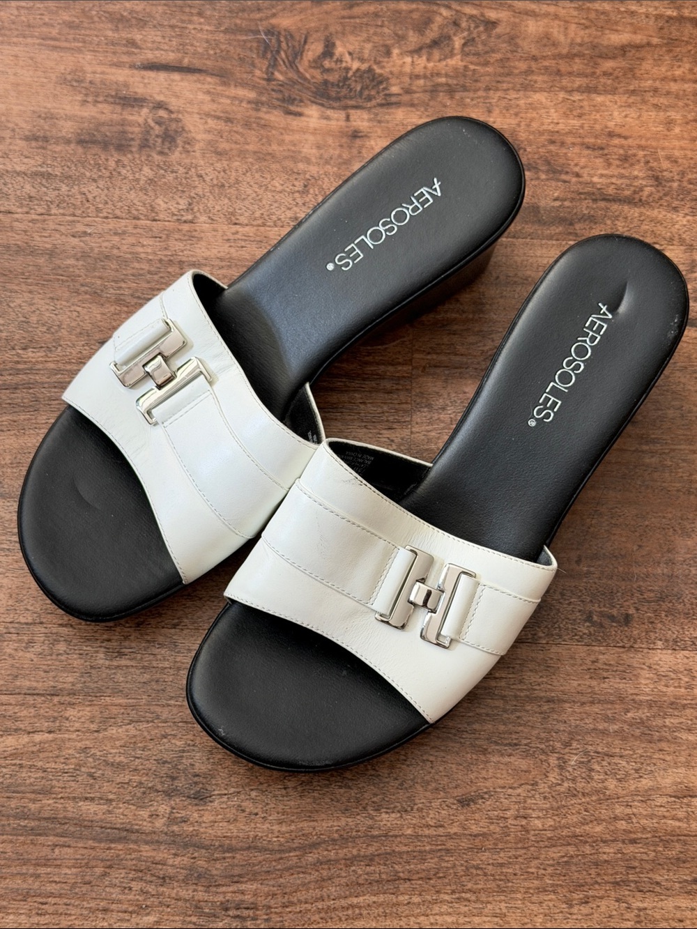 AEROSOLES White Slide Mules with Silver Buckle Detail size 7 1/2 M